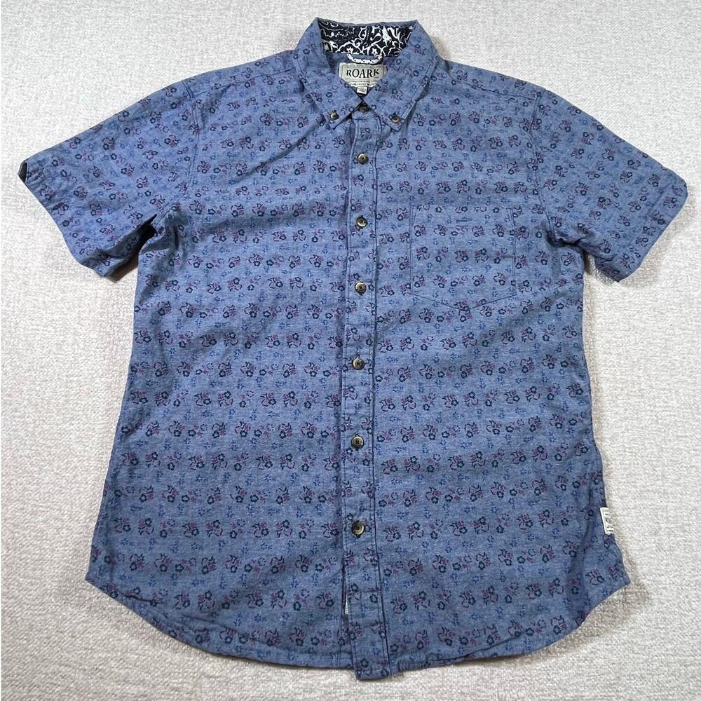 Roark Men’s Medium Blue Floral Print Short Sleeve Button Front Chambray Shirt